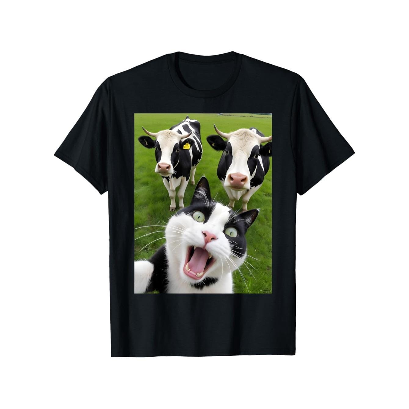 Whimsical cat and cow selfie graphic t-shirt, 100% cotton, loose fit short sleeve t-shirt, machine washable, perfect for casual wear, fun, new style