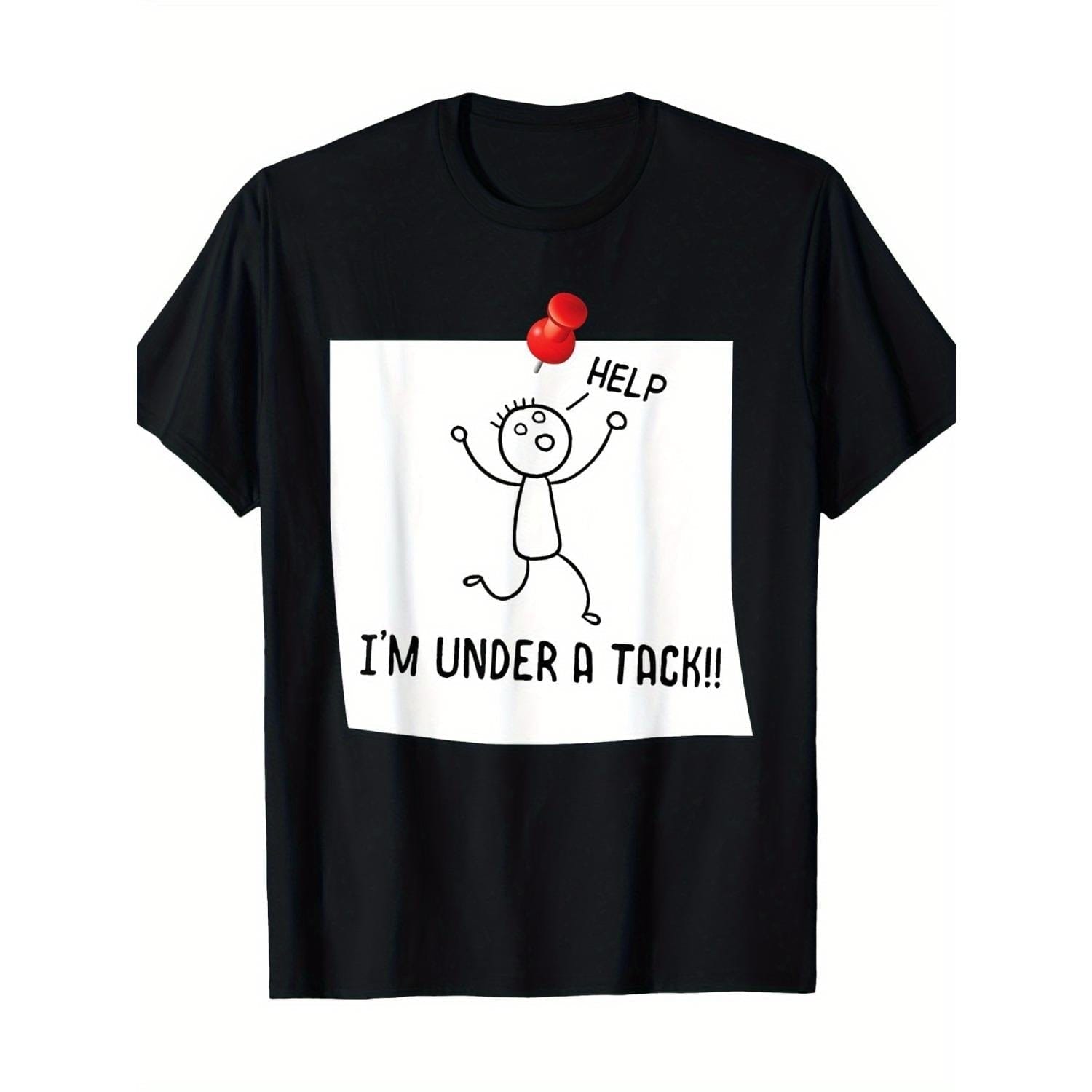 "Help! I'm being crushed by a nail!" Graphic T-Shirt - 100% cotton, breathable short sleeves, humorous stickman graphic design, perfect for all seasons