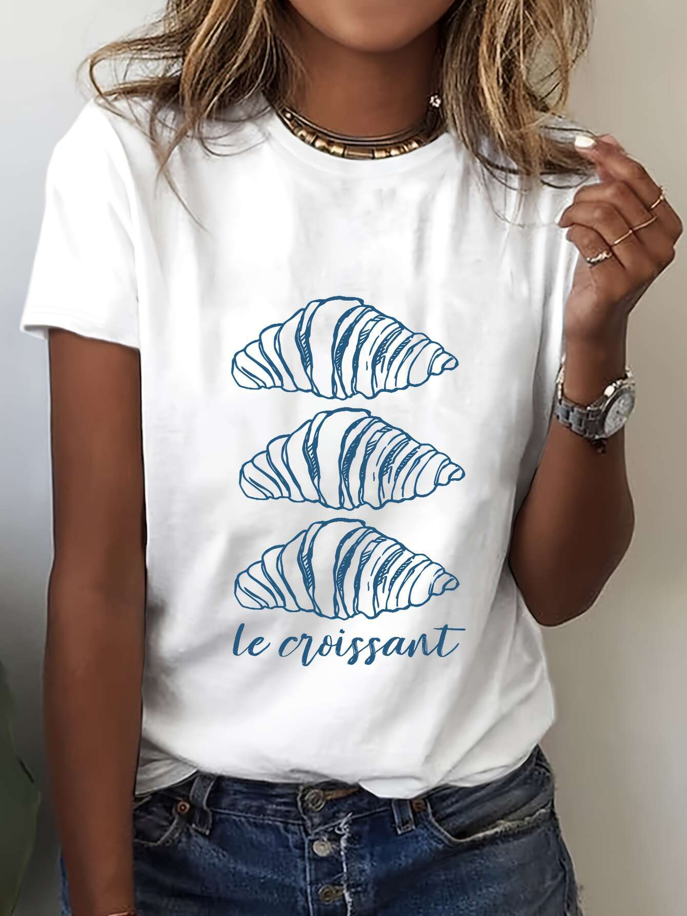 Women'S Casual Crew Neck T-Shirt with Blue Crisscross Design, Short Sleeve, Regular Fit, SpringSummerFall Fashion Top - QD-4435